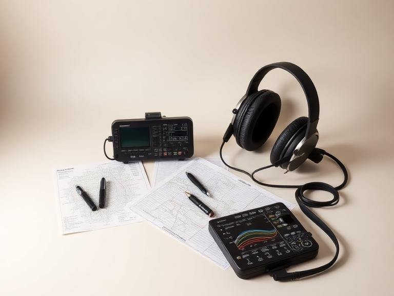 Aviation headset, charts and flight computer
