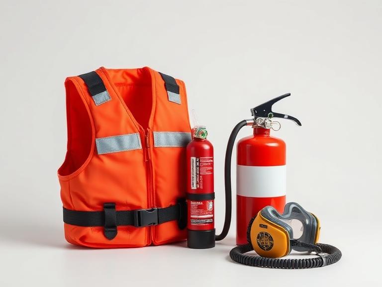 Life vest, fire extinguisher and oxygen mask