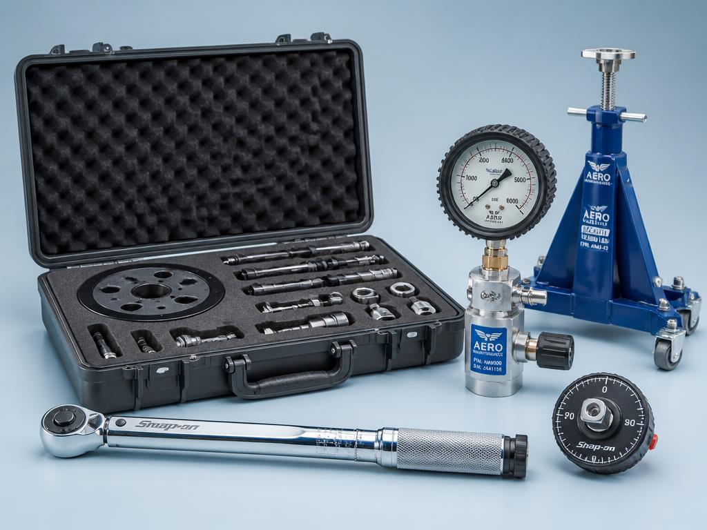 Aircraft maintenance tooling: torque wrench, pressure gauge, wheel tooling kit and axle jack